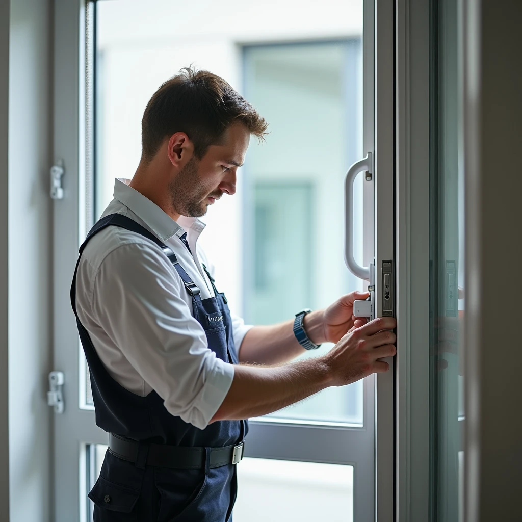 
A professional technician is in the process of replacing a window handle in a modern residential environment. The technician, dressed in a clean and professional uniform, uses precise tools to carefully remove the old handle and install a new one. The window features clear glass, and the surrounding area is bright, tidy, and well-organized, emphasizing the quality and expertise of the service. The image should convey a sense of professionalism, reliability, and meticulous attention to detail, making it ideal for showcasing window repair and maintenance services on an online platform.