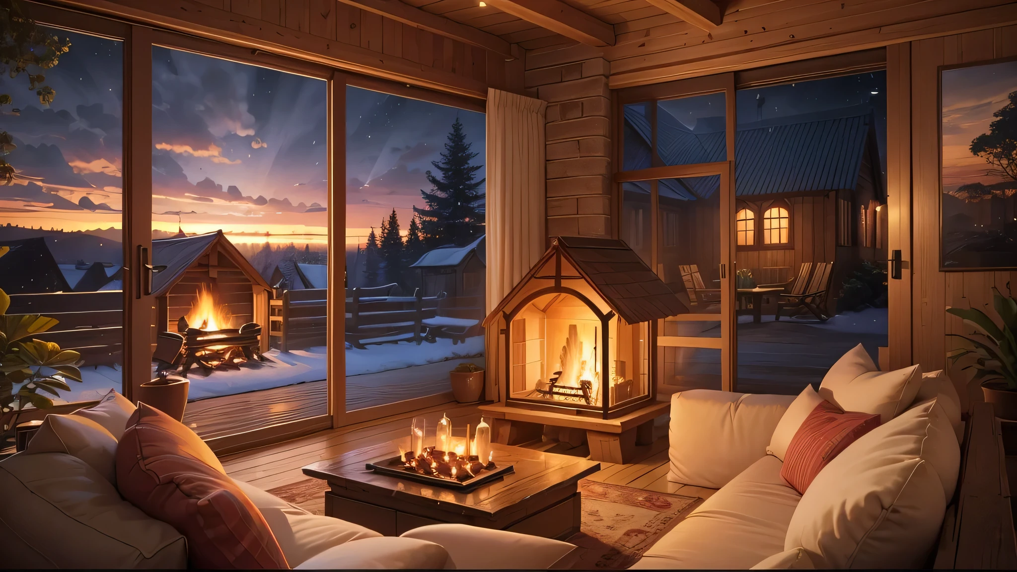 Cartoon background of wooden house living room, This night outside](Comfortable atmosphere), (Soft lighting), Bright stone fireplace fire, This is the best night, Transparent glass window