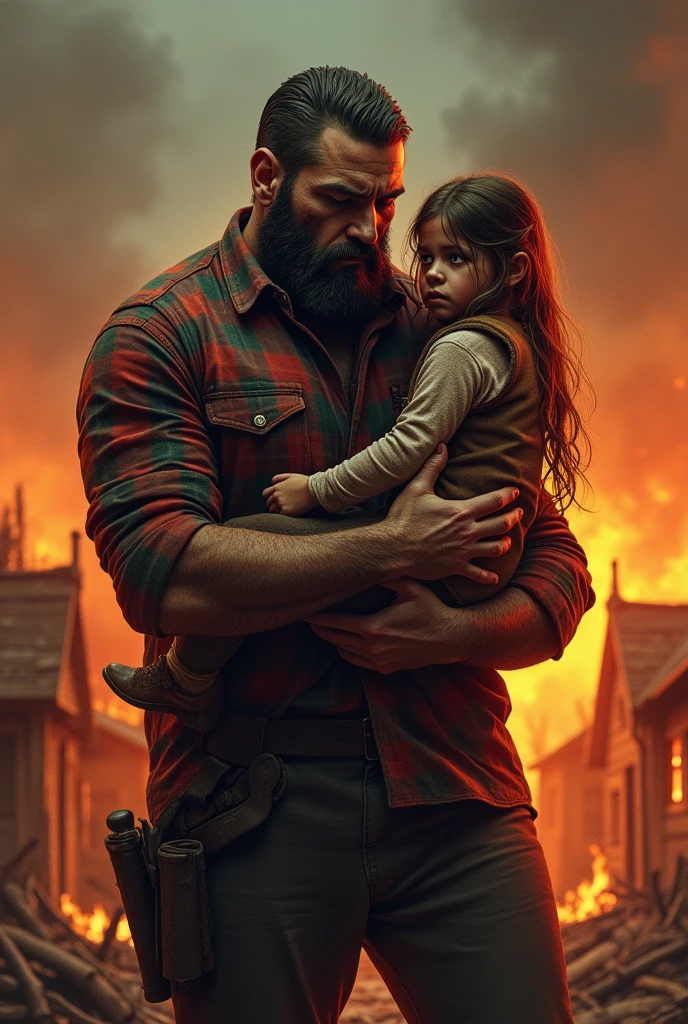 a very tall and muscular lumberjack with a, big beard and a red plaid shirt , blood on lips, he has a sad look, scar on right eye,  he holds his daughter in his arms. Village scenery in flames. 