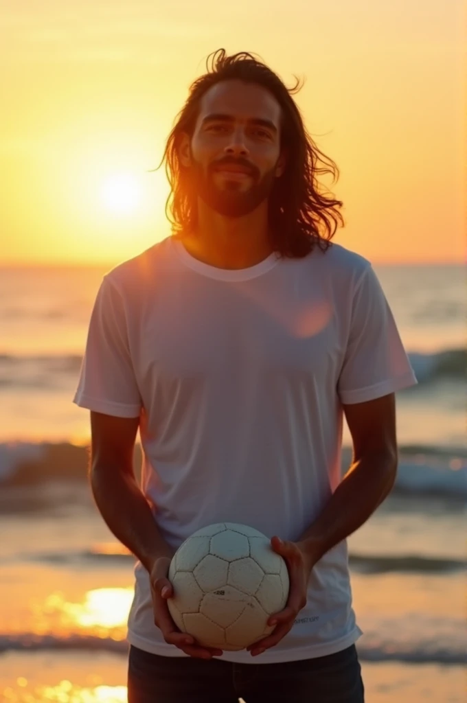 A men long hair white t-shirt sun set on goa beach standing in the seato kick football