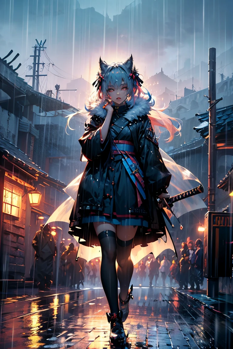 uhd, textured skin, good quality, High details, masterpiece, best quality, high detail face, (Amazingly absurd:1.2), (masterpiece:1.2), fluffy, 1 Girl, Dragon ears, Dress with ruffles, glowing eyes, shining hair , Whole body love, very long hair, hair ribbon, black kneesocks, full body, Kawaiitech, soft colours, Kawaii, Beautiful colors, (Rain:1.5), (Wet:1), (Night:2), (Landscape:2), battojutsus, (holding Katana:1.3),