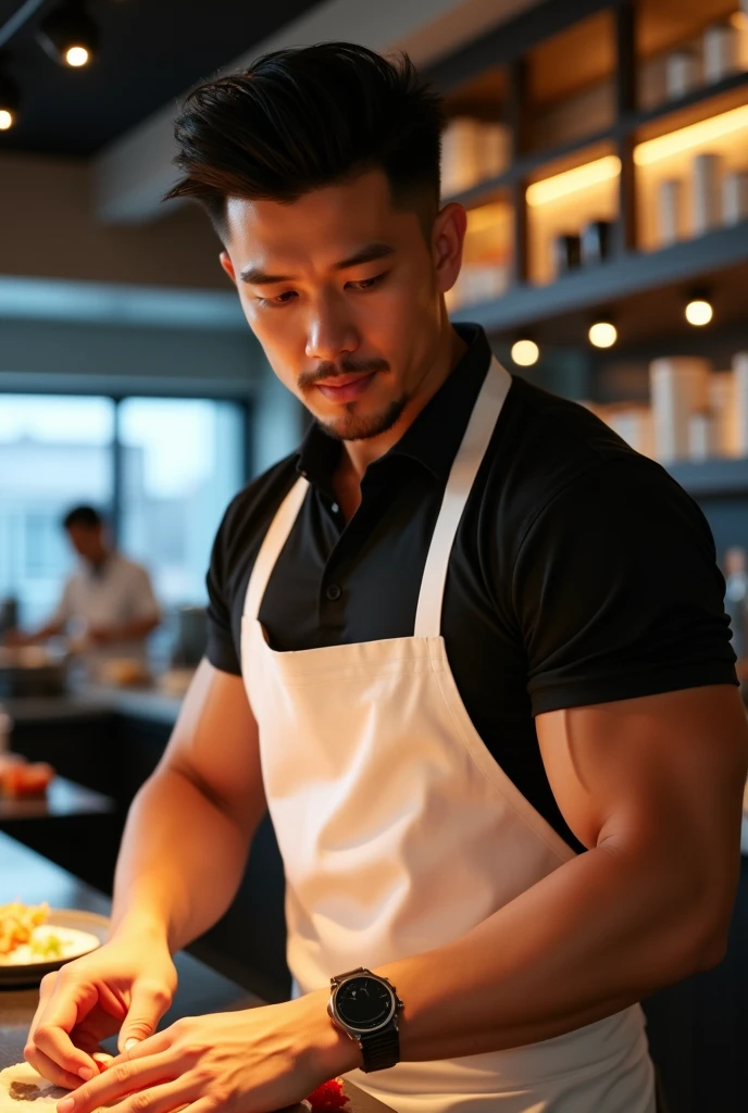 homem de 30 anos com fully body parrudo atlético e bem definido, broad shoulders and a slight bulge in the lower area through the white apron, underneath black polo. Your face is a little Latin Asian, goatee, must have a strong jaw, Straight Nose, and a gentle and seductive look. The hair is black, straight and short spiky, and the eyes are dark and deep. realistic lighting, Dynamic angle, 真实感, best qualityer, fully body. sushi bar restaurant atmosphere, is making sushi