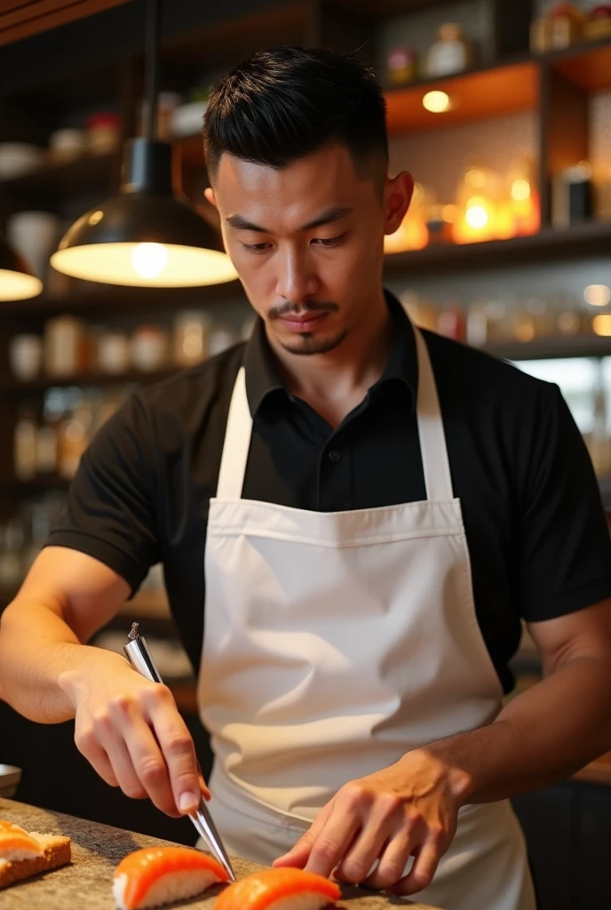 homem de 30 anos com fully body parrudo atlético e bem definido, broad shoulders and a slight bulge in the lower area through the white apron, underneath black polo. Your face is a little Latin Asian, goatee, must have a strong jaw, Straight Nose, and a gentle and seductive look. The hair is black, straight and short spiky, and the eyes are dark and deep. realistic lighting, Dynamic angle, 真实感, best qualityer, fully body. sushi bar restaurant atmosphere, is making sushi
