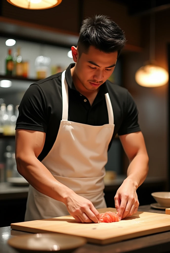 homem de 30 anos com fully body parrudo atlético e bem definido, broad shoulders and a slight bulge in the lower area through the white apron, underneath black polo. Your face is a little Latin Asian, goatee, must have a strong jaw, Straight Nose, and a gentle and seductive look. The hair is black, straight and short spiky, and the eyes are dark and deep. realistic lighting, Dynamic angle, 真实感, best qualityer, fully body. sushi bar restaurant atmosphere, is making sushi
