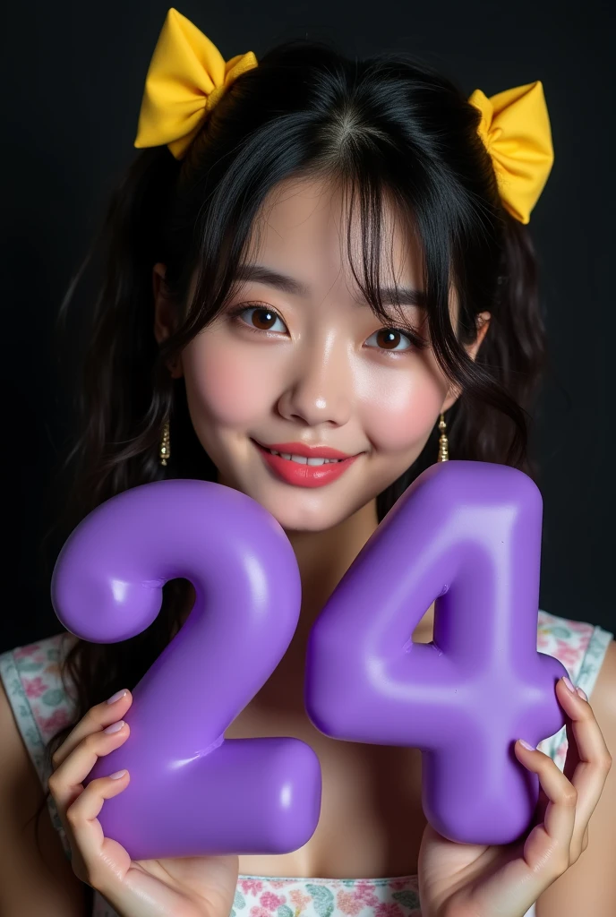 fashionable cheerful girl, professional, portrait photography, the face looks straight ahead, studio light from above and backlight from behind the head, cute girl, there is a very nice smile on the face, very detailed, beautiful detailed face, dark hair hairstyle checkered, with yellow bows on her head, holds in his hands large, voluminous, purple matte plastic numbers 24 --Detailing, whole body, a lot of femininity, Tempting, Dazzling, Black background, Backlight, installed behind the model,
