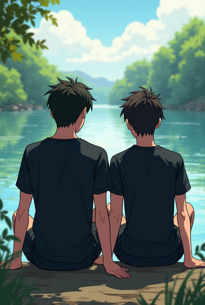 Two anime man wearing black shirt one name is abhay and one amane is deepak siting behind the river