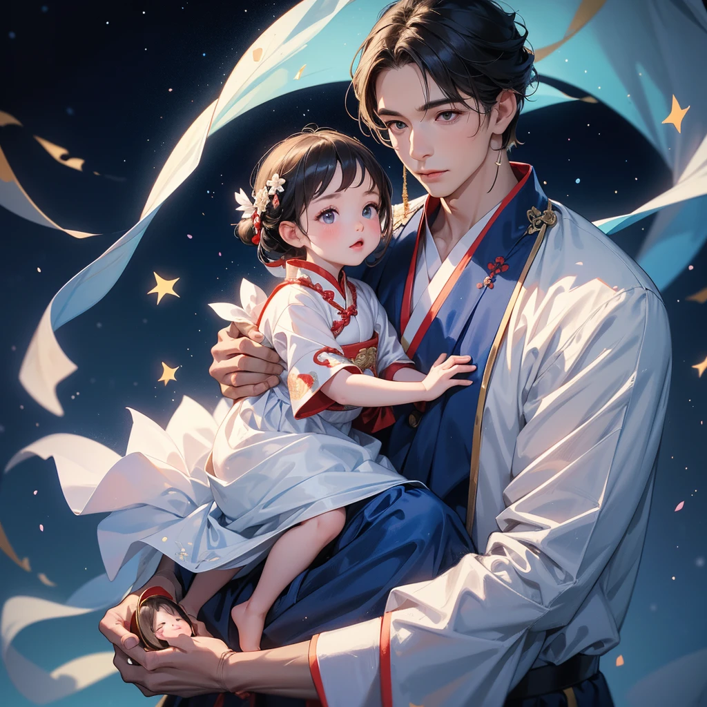 A -yead bab an ancient Chinese baby costume wiis beautiful mother, dressed in an white ancient Chinese costume, playing with each other, with his handsome father standing next to his mother, close up.

Background is a dark night, with moonlight and millions of stars, twinkling everywhere, with blue light.