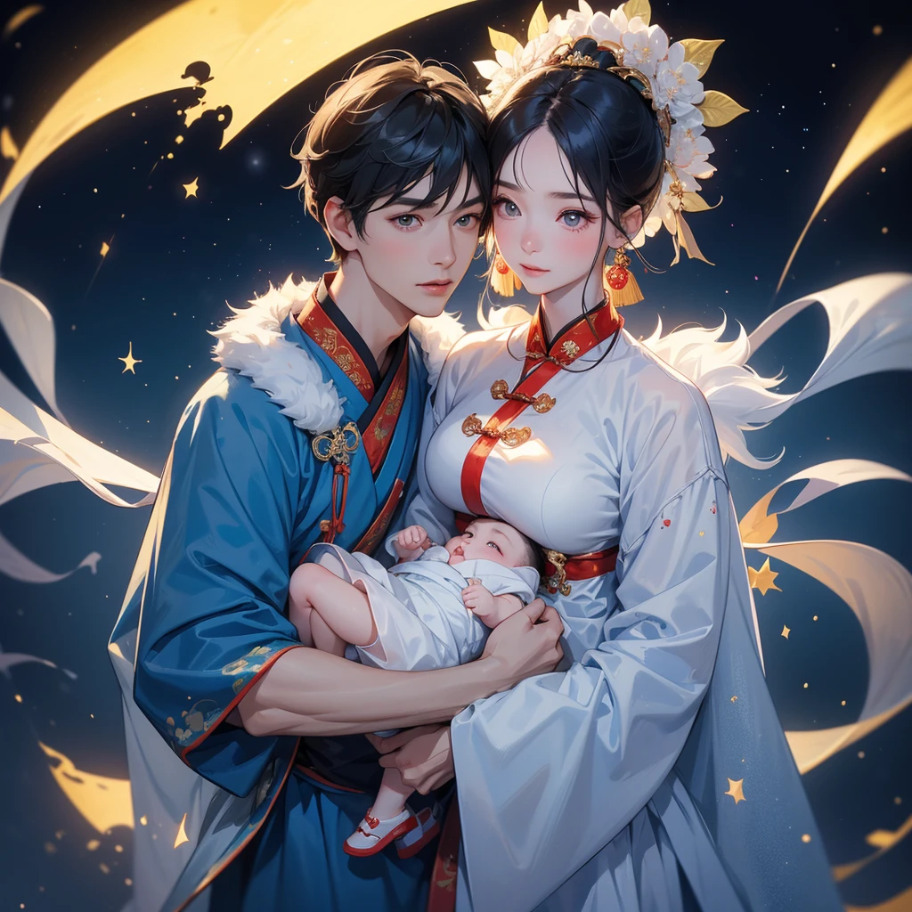 A one-year-old baby boy in an ancient Chinese baby costume with his beautiful mother, dressed in an white ancient Chinese costume, playing with each other, with his handsome father standing next to his mother, close up.

Background is a dark night, with moonlight and millions of stars, twinkling everywhere, with blue light.