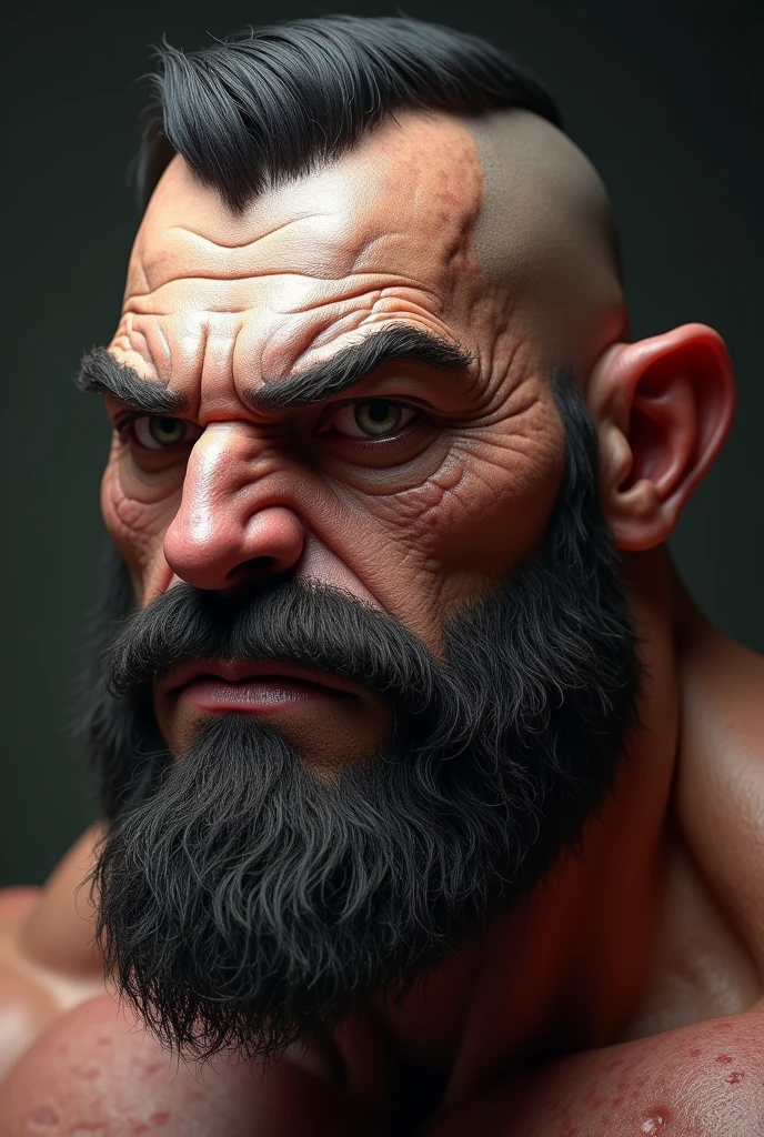 A hyper-masculine man with unbelievably elevated testosterone levels, resulting in features exaggerated to an extreme degree. His jawline is comically wide, with muscles bulging out to the point of distortion, and an exaggeratedly prominent squared chin. His facial hair is not just thick, but almost overwhelming, like a wild, dense mass of coarse hair covering his entire face. His brow ridge is so pronounced that it casts deep, dramatic shadows over his eyes, which are set far back, with a gaze that is unnaturally intense and almost animalistic. His cheekbones are extremely high and jut out sharply, with facial muscles so developed that his features appear almost sculpted from stone. His neck is thicker than his head, with overly prominent, pulsating veins. His skin texture is extremely rugged, covered with deep scars, heavy oiliness, and severe acne, creating a look of raw, almost otherworldly masculinity and dominance.