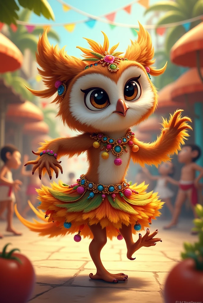 A cartoon owl girl wearing sexy Brazilian samba clothes 
