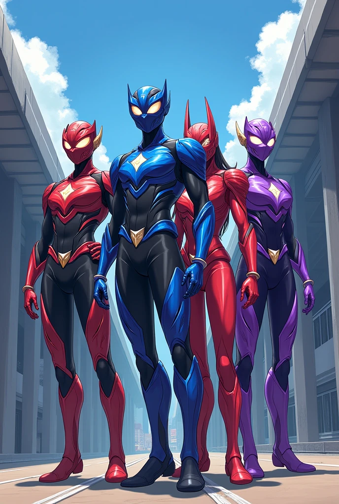 4 squad black,blue, red, purple suit with anime super heros