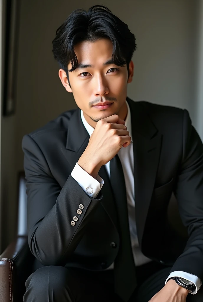 A slim but slightly muscular Japanese man in a suit, Photographed with a smartphone, Top quality, 1 beautiful men, Perfect Face, Japanese men, age 34, suit, ((center part hair)), medium short hair, black hair, ((oily hair)), Sitting in a chair, hands on chin, Posing like a magazine cover,