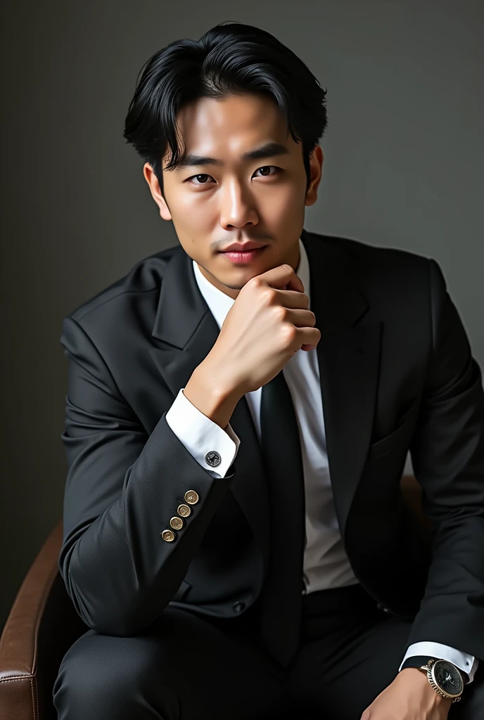 A slim but slightly muscular Japanese man in a suit, Photographed with a smartphone, Top quality, 1 beautiful men, Perfect Face, Japanese men, age 34, suit, ((center part hair)), medium short hair, black hair, ((oily hair)), Sitting in a chair, hands on chin, Posing like a magazine cover,