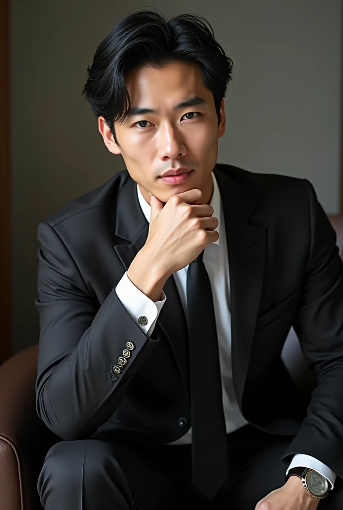 A slim but slightly muscular Japanese man in a suit, Photographed with a smartphone, Top quality, 1 beautiful men, Perfect Face, Japanese men, age 34, suit, ((center part hair)), medium short hair, black hair, ((oily hair)), Sitting in a chair, hands on chin, Posing like a magazine cover,