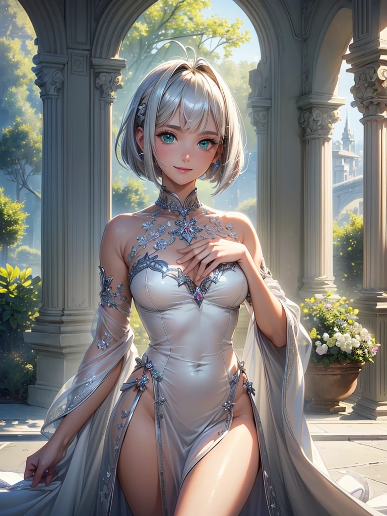 ((masterpiece, best quality, ultra-detailed, high resolution, extremely detailed CG, super detailed, Beautiful human body modeling, Most beautiful clean lighting)), 1 girl, beautiful girl, cute girl and idol face, smile, shiny silver hair and short bob cut and antenna hair, beautiful green, eyes, white skin, divine garment, fantastic landscape, ultimate beauty
