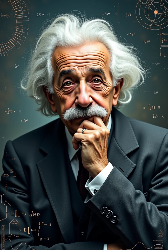 If you're looking to generate or create an image inspired by Albert Einstein, here's a prompt you can use for generating artwork or using AI tools:

"Create an artistic portrait of Albert Einstein, showcasing his iconic white hair and mustache. He should be depicted in a thoughtful pose, with a background that reflects his contributions to science—such as equations or symbols related to physics. The image should convey his intellectual curiosity and profound impact on the world of science."

Feel free to adjust the prompt based on your specific needs!