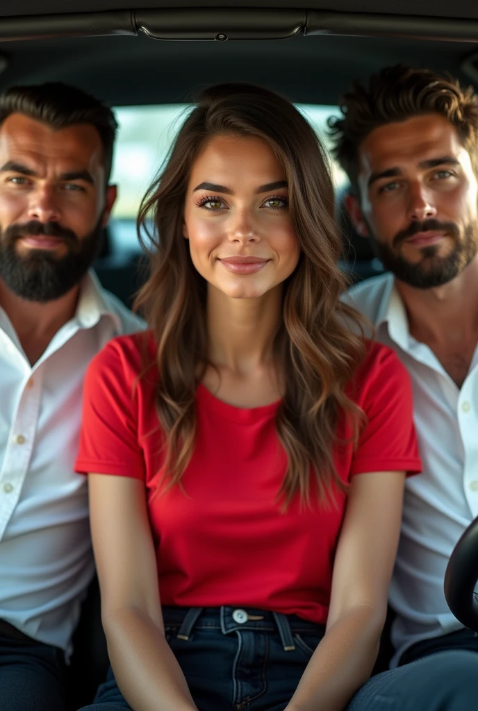 A beutiful girl Jean's red t shirt wearing at car with side sitting  2 handsome boy with beard wearing white shirt Black court realistic beautiful woman sharp eye long hair 