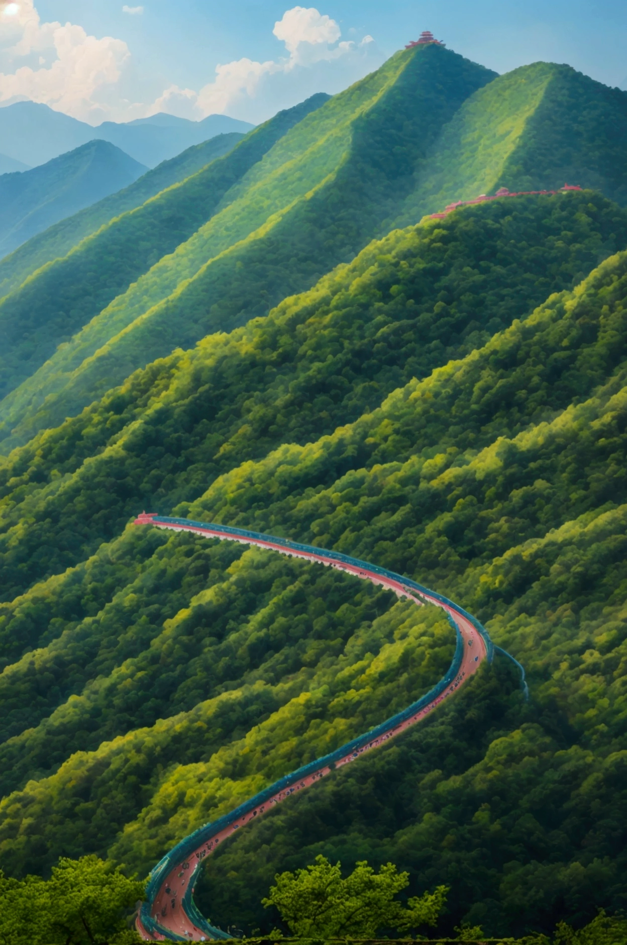 Jinshan Mountain is rolling and lined with green trees.