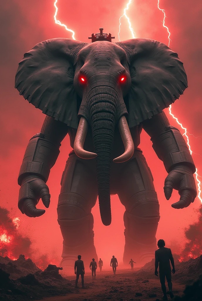 Elephant big machine gun on teeth, red eyes body of fighter tank, wings like fighter jet background red colour and lightning fighting and smashing people head infornt of small people