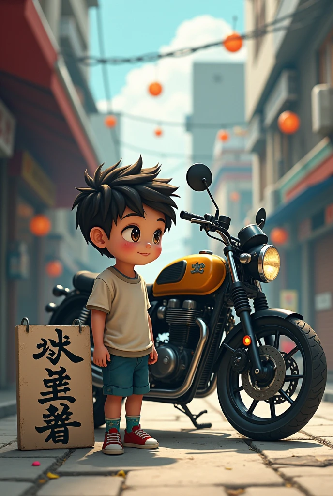 A boy holding a katakana stands next to him. 🏍
