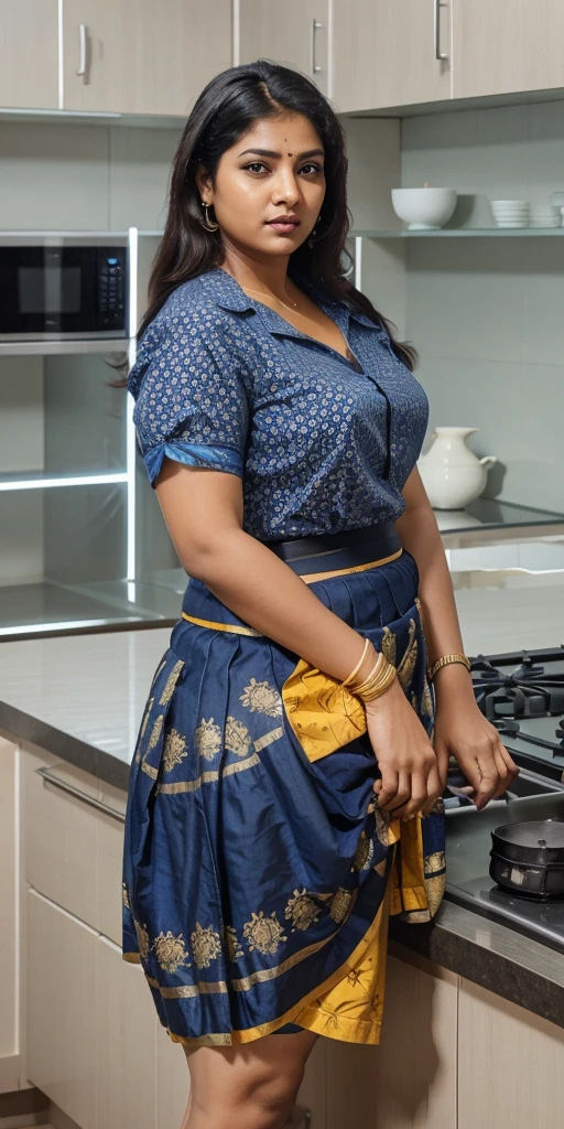 A 3 plus sized South Indian women wearing a red colour short skirt and black colour shirt, standing in a kitchen 
