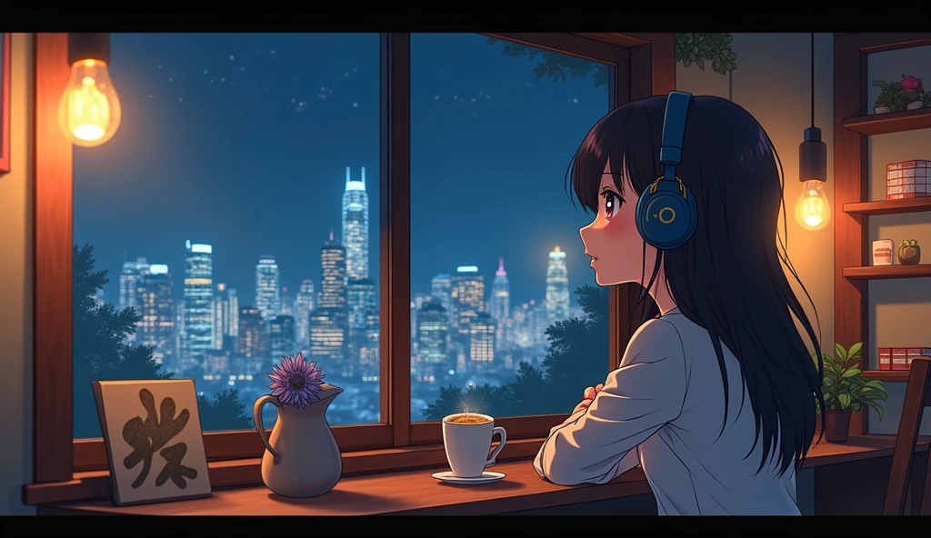 ((best quality)), ((masterpiece)), 2D, high resolution, architecture,Coffee House,Medium shot scene, night, Anime girl wearing headphones looking at the city outside the window, Lo-Fi Girl, Anime atmosphere, lofi stylestyle, Anime style 4k, Anime Aesthetics, Night Core, Low-fi feel, lofi style, Anime Art Wallpaper 4K, Anime Art Wallpaper 4K, Anime Wallpaper 4K, Anime Wallpaper 4K, Low-fidelity atmosphere