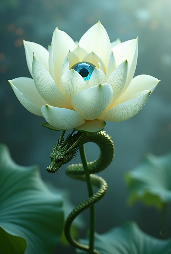 A white lotus flower with green scars and a realistic blue eye and a tao dragon