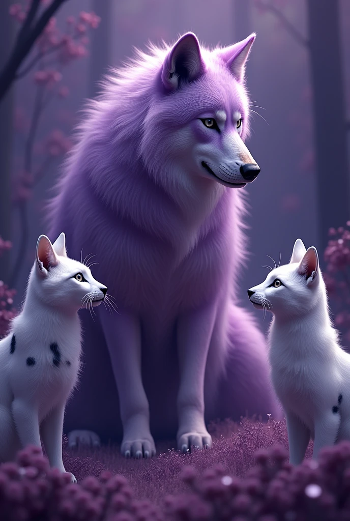 Create an image with a completely purple background, Then place a furry wolf in the middle with two white cats with black spots, The one on the left of the furry will be looking to his right, and the other on the left