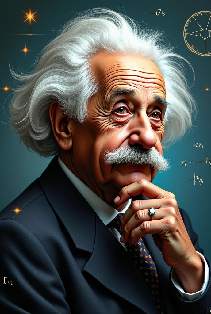 If you're looking to generate or create an image inspired by Albert Einstein, here's a prompt you can use for generating artwork or using AI tools:
"Create an artistic portrait of Albert Einstein, showcasing his iconic white hair and mustache. He should be depicted in a thoughtful pose, with a background that reflects his contributions to science—such as equations or symbols related to physics. The image should convey his intellectual curiosity and profound impact on the world of science."
Feel free to adjust the prompt based on your specific needs!