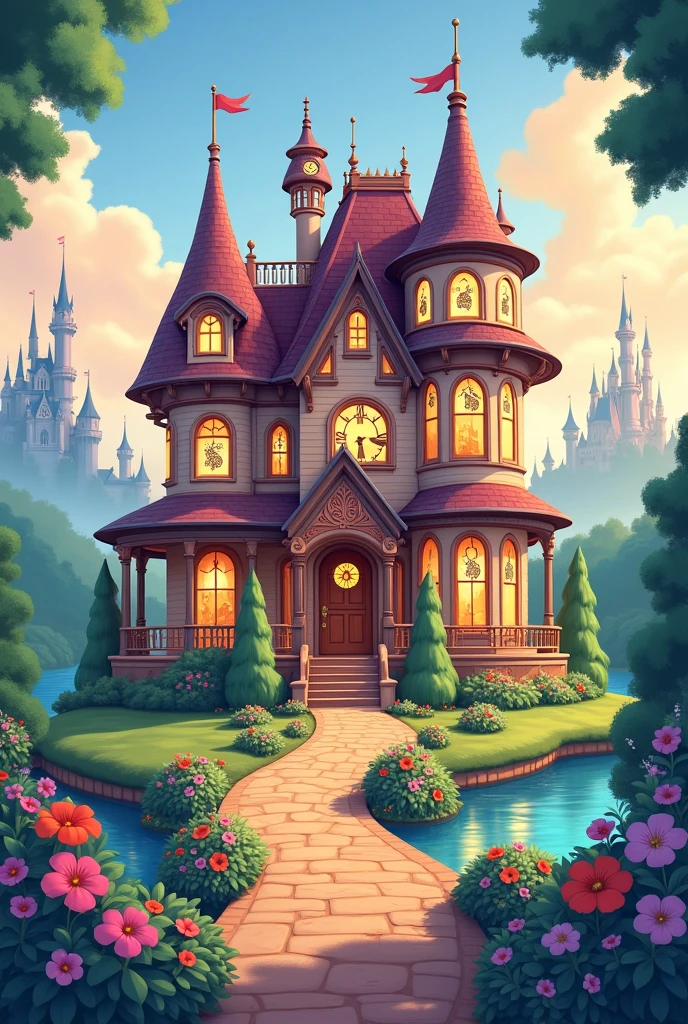 Digital illustration of a whimsical, Disney-inspired house:
Architecture:
Victorian-style base structure with fantasy elements
Asymmetrical design with multiple levels and wings
Turrets with conical roofs and spires, topped with weather vanes
Main features:
Grand entrance with an ornate wooden door, featuring hidden Mickey designs
Large bay windows with stained glass patterns of Disney characters
Wrap-around porch with intricate gingerbread trim
Balconies with wrought iron railings in swirling patterns
Roof:
Multi-colored shingles in a patchwork style
Charming dormer windows resembling Disney character faces
Crooked chimneys with spiraling smoke
Color scheme:
Pastel base colors: soft pinks, blues, and purples
Bright accent colors: gold, royal blue, and emerald green
White trim to highlight architectural details
Magical elements:
Small animated objects (à la Beauty and the Beast) peeking out of windows
A magic carpet as a welcome mat
Enchanted brooms sweeping the pathway
Landscaping:
Perfectly manicured topiary shaped like Disney characters
Colorful flower beds with oversized, cartoonish blooms
A winding cobblestone path leading to the entrance
Lighting:
Warm, golden glow emanating from windows
Twinkling fairy lights strung along the roofline
Lamposts shaped like classic Disney icons (e.g., Mickey ears, Cinderella's pumpkin)
Additional details:
A clock on the highest tower, permanently set to 11:59
Pennant flags and banners with Disney park-inspired designs
Hidden Mickeys incorporated into architectural elements
Surrounding elements:
A small moat or stream with a quaint bridge
Floating lanterns in the sky above the house
Silhouettes of famous Disney castles in the distant background
Style:
Blend of realistic architecture with exaggerated, cartoonish elements
Rich, vibrant colors with a slight watercolor effect
Soft, magical glow surrounding the entire scene
Composition:
House as the central focus, slightly angled to show depth
Foreground featurin