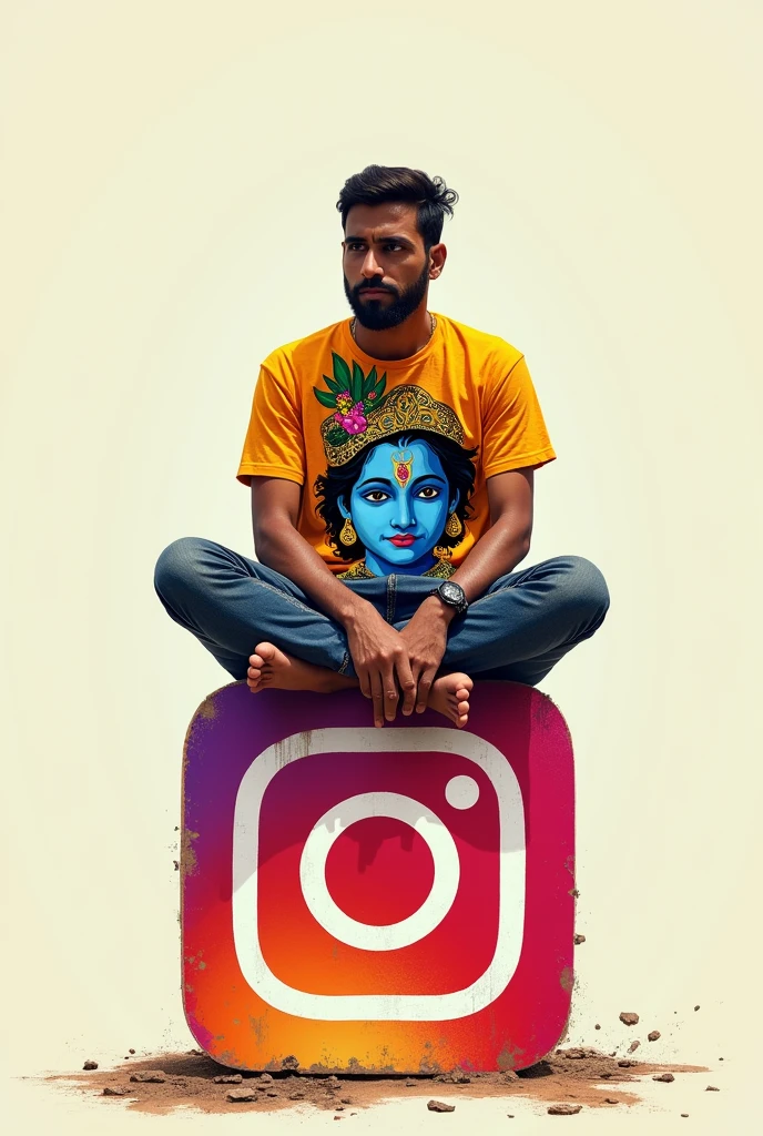 A adult men sitting on Instagram logo wearing reshart printed krishna on it