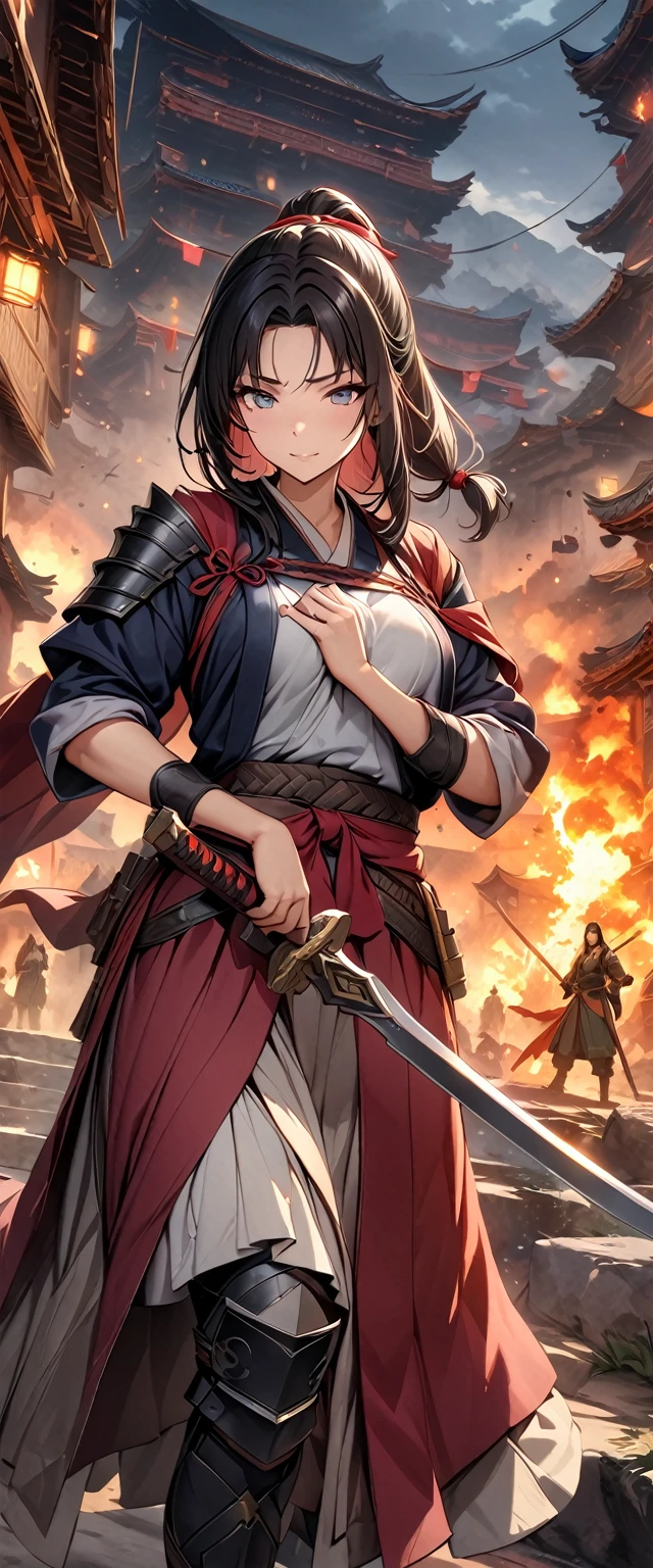 ((masterpiece, Top quality, high resolution)), ((Highly detailed CG unified 8k wallpaper)), Hanfu female swordsman, Heroes of the Three Kingdoms, (Holding a large sword in both hands), She has long black hair tied back, Wearing iron armor and a red cape, Fight enemy troops against a burning city backdrop,