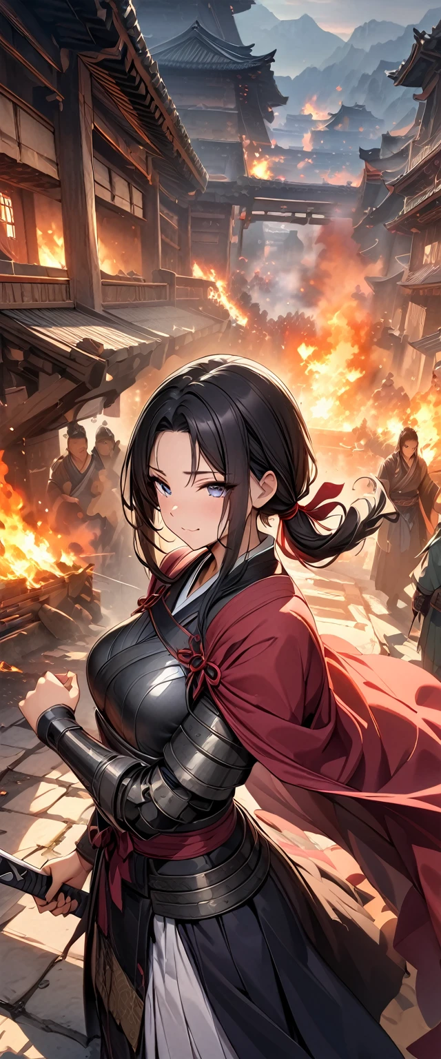 ((masterpiece, Top quality, high resolution)), ((Highly detailed CG unified 8k wallpaper)), Hanfu female swordsman, Heroes of the Three Kingdoms, (Holding a large sword in both hands), She has long black hair tied back, Wearing iron armor and a red cape, Fight enemy troops against a burning city backdrop,