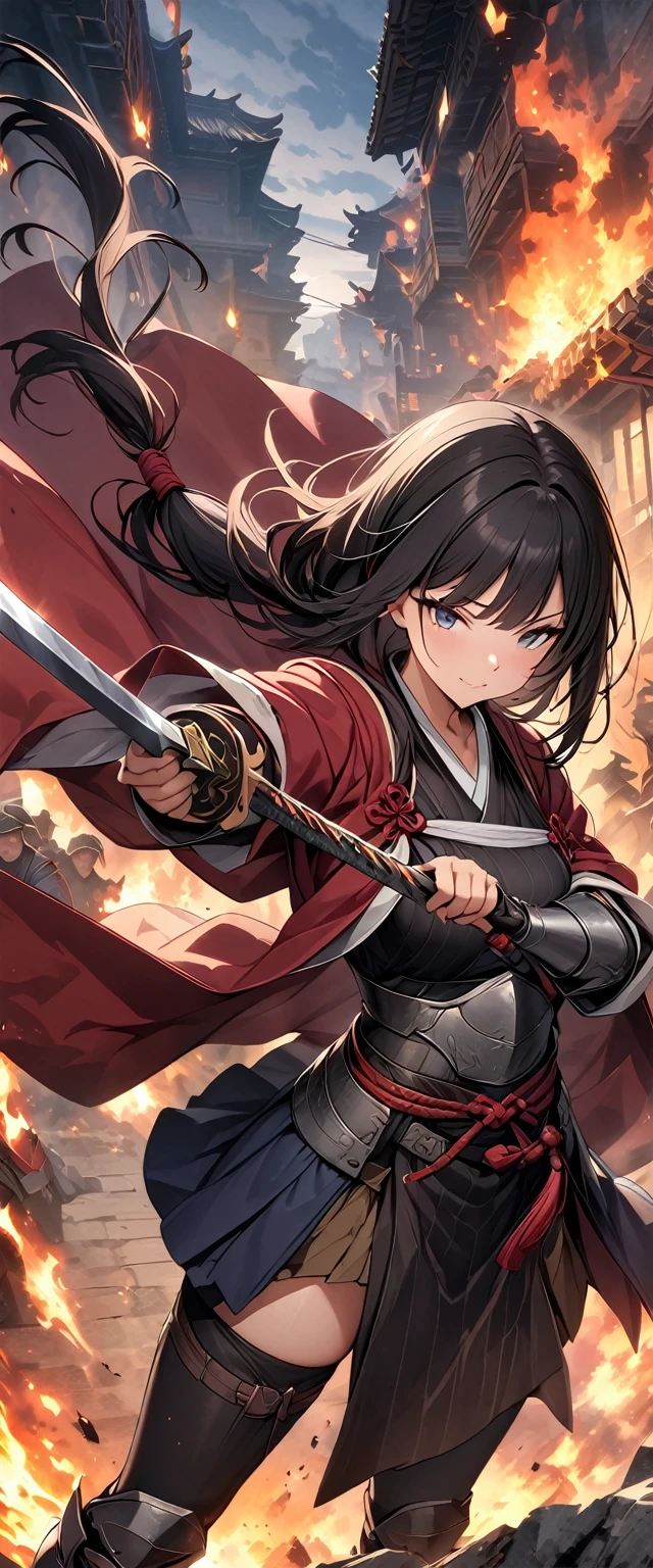 ((masterpiece, Top quality, high resolution)), ((Highly detailed CG unified 8k wallpaper)), Hanfu female swordsman, Heroes of the Three Kingdoms, (Holding a large sword in both hands), She has long black hair tied back, Wearing iron armor and a red cape, Fight enemy troops against a burning city backdrop,
