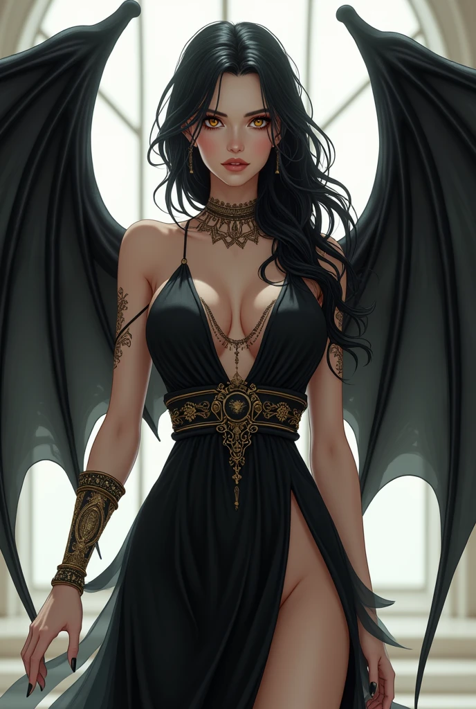 Beautiful adult woman with black hair and amber eyes, perfect curvy anatomy and pale skin, Ancient Greek clothing in black with bat wings and darker tones in the background in a cartoon style