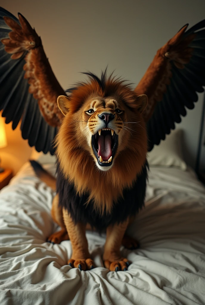 Cinema Style, A scene from selfies, A Griffon, screaming,Eagle's head,
Lion's body, Eagle Wings, lion tail, on bed, bed room, fantasy,
