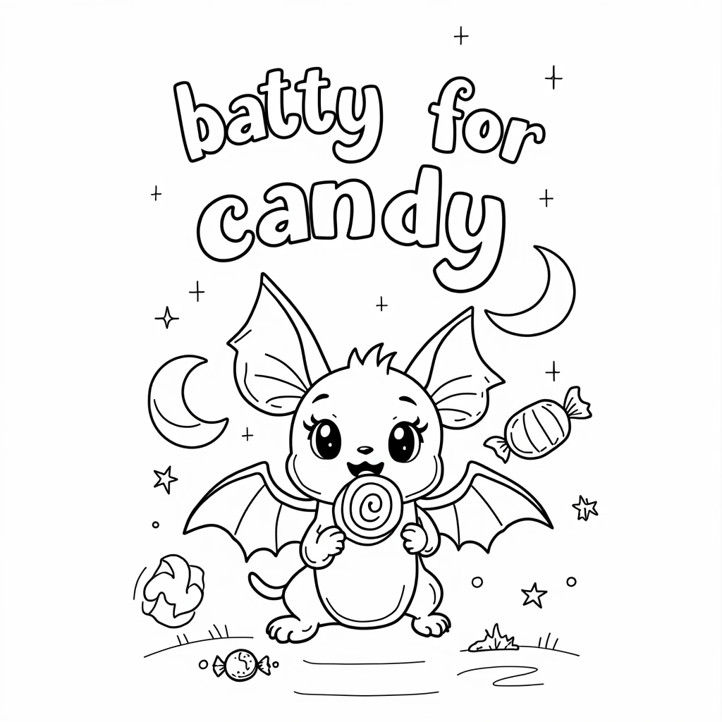 A coloring page design with the phrase "BATTY FOR CANDY" at the top, written in a whimsical, spooky font outlined in black. Below the text, a cute bat is holding a big candy in its mouth, with wings spread wide. The bat has a happy expression, and around it, there are floating candies, small stars, and a crescent moon. The design is in clean, black-and-white line art with medium-weight outlines and no gray shading.