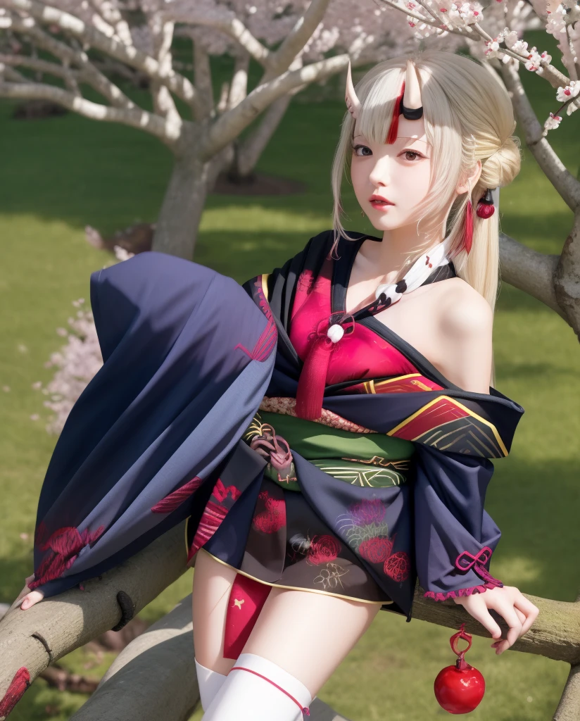 masterpiece、Highest quality、Absurd、Perfect Anatomy、One girl、solo、Nagikiri Ayame、Long Hair、Double bun、Iris Base、Black kimono、hair ornaments、band、White knee socks、Exposed shoulders、Long sleeve、Outdoor、Are standing、Cherry tree、Holding a sword、