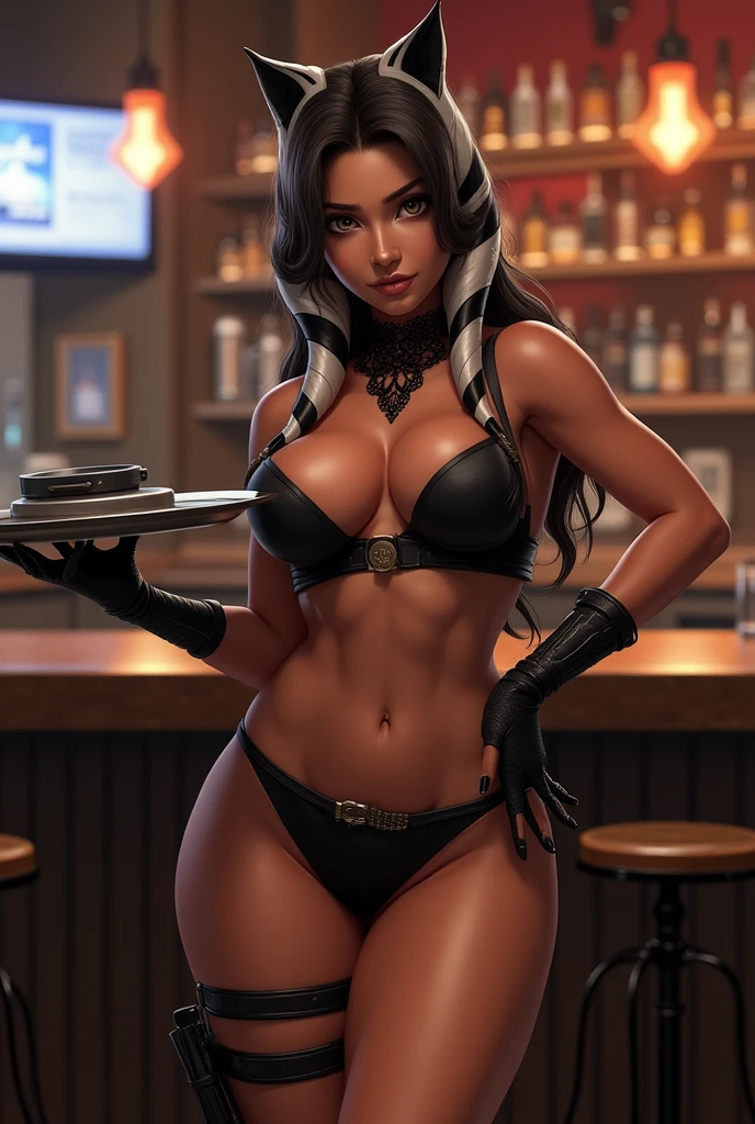 score_9, score_8_up,1woman,atheltic body,hourglass body, tactical ,standing in front, nude ,fingerless gloves,ahsoka tano, bar, big breast, one hand on hip, smile, black lace choker, holding TV tray, bite her lips