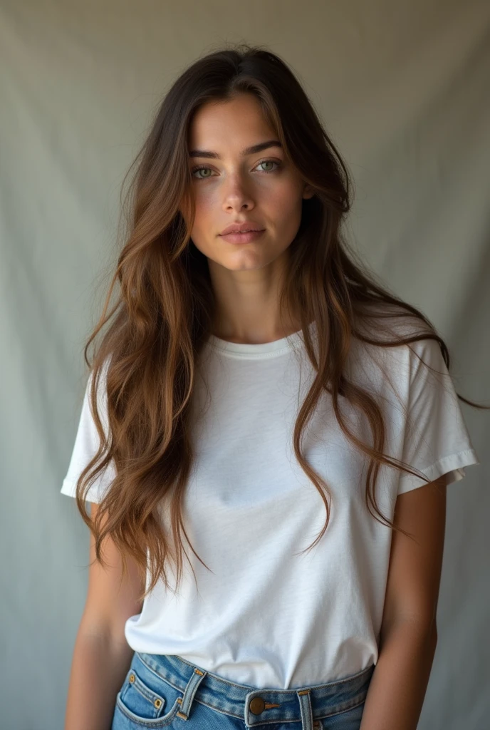 Realistic photography, long hair woman , T-shirt, jeans,
