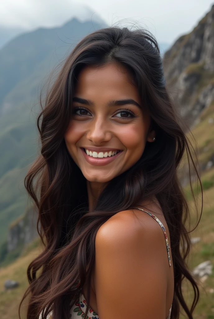 There is a young, Beautiful indian woman, who looks to the future like Katrina Kaif. Smiles into the camera, beautiful teeth. She stands there and looks into the camera, a portrait from raw photo, (in nature in the mountains)