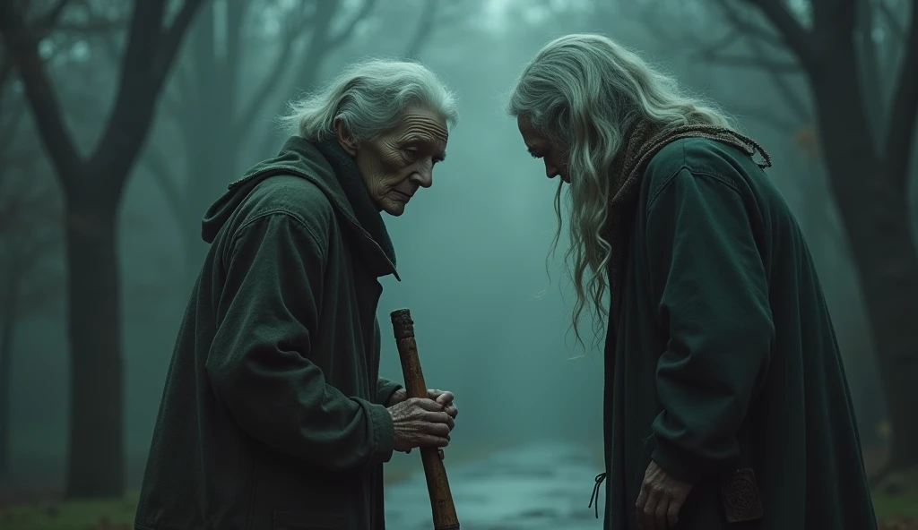 The woman who asked the main character a strange question: A mysterious figure, an aged woman, limping, and holding a stick in her hand, looks alien.