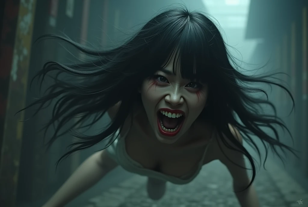 Japanese Yokai、Horror images、A woman's head flying in the air、Long black hair、With bangs、have an angry face with teeth bared、A head flying through the air and attacking people、Beautiful face、Japanese women、