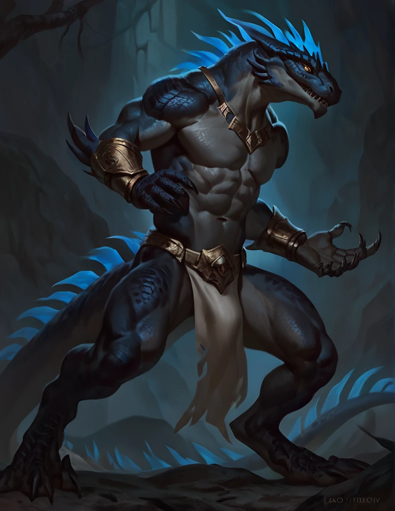 Muscular Lizardfolk, solo, athletic, cream color body, detailed scales, gray belly, yellow eyes, neon blue tail, full body, big tail, loincloth, mettalic gauntlet on one hand, comicbook style, best quality, 4k, ultra-detailed, by laobai, by taran fiddler, by honovy