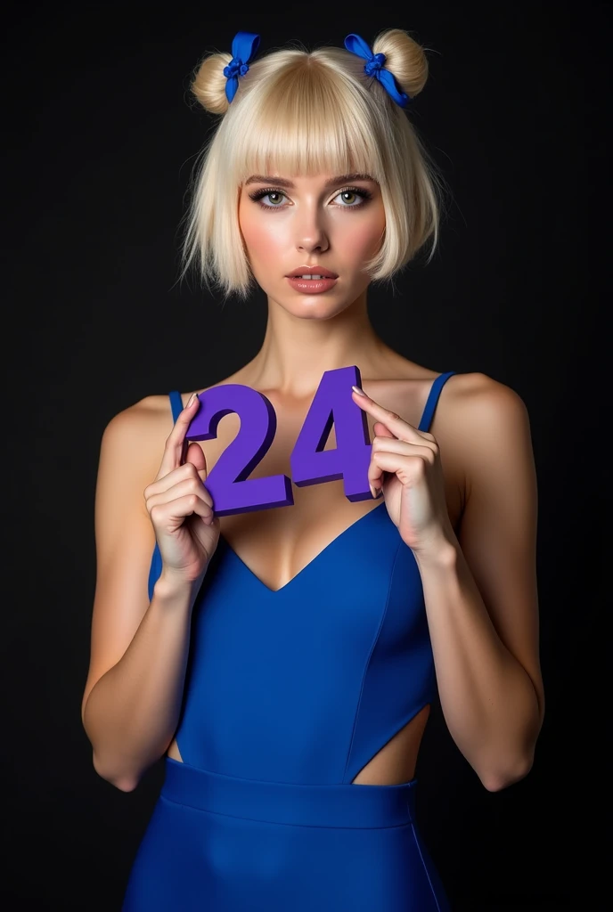 outrageous sexy fashionable pompous girl with her face straight at the viewer, professional, portrait photography, studio light from above and backlight from behind the head, cutie, holds in his hands volumetric purple numbers 24 made of matte plastic very detailed, beautiful detailed face, blonde, square hairstyle, There are two small blue bows on her head, beautiful eyes, --Detailing, whole body, a lot of femininity, Blue dress, Tempting, Dazzling, Black background
