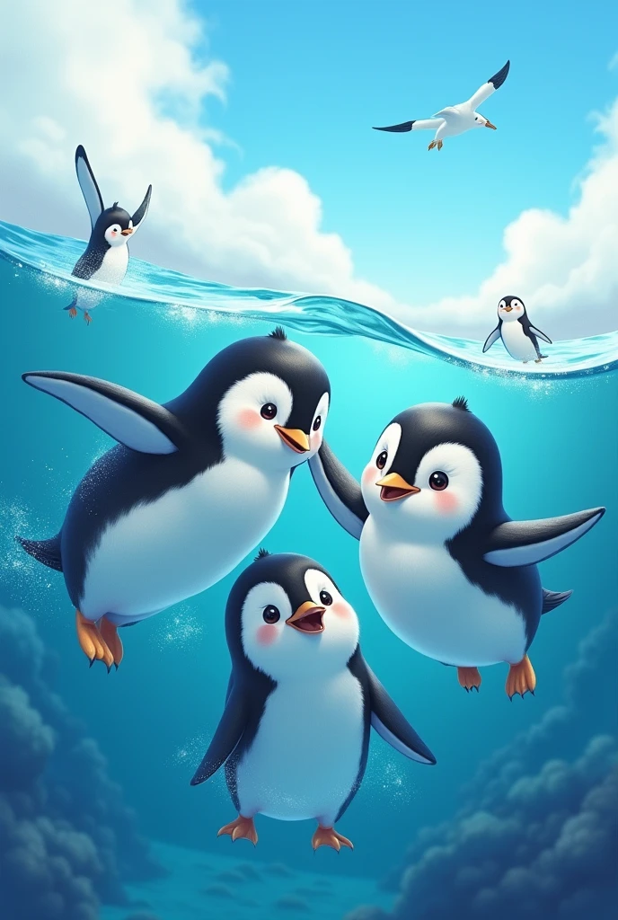 Cute Penguins　Sea background　Real