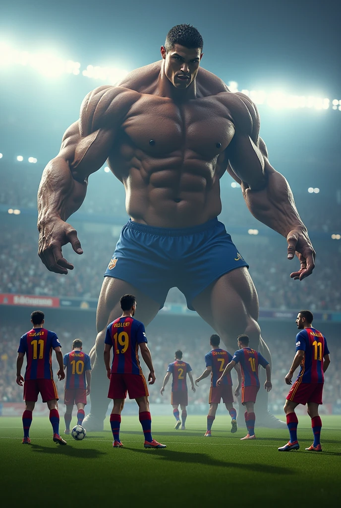 Create a image: barca football team vs Ronaldo real maric (titan ronaldo)