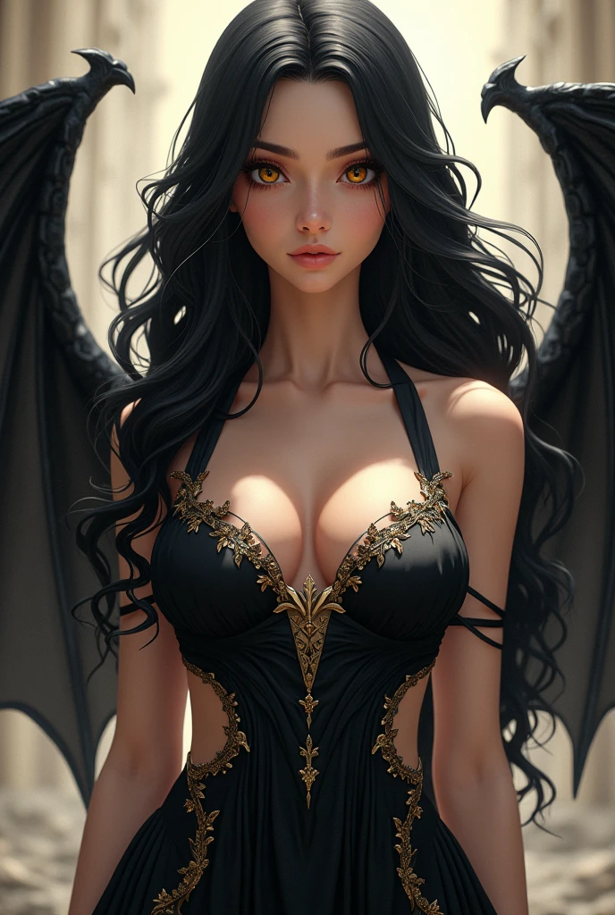Beautiful adult woman with black hair and amber eyes with perfect curvy anatomy with pale skin, with bat wings, Black Ancient Greek Outfit in Anime Style 