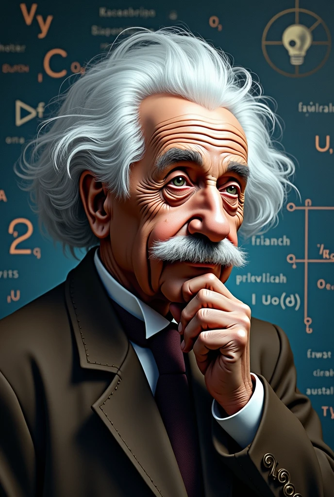 If you're looking to generate or create an image inspired by Albert Einstein, here's a prompt you can use for generating artwork or using AI tools:
"Create an artistic portrait of Albert Einstein, showcasing his iconic white hair and mustache. He should be depicted in a thoughtful pose, with a background that reflects his contributions to science—such as equations or symbols related to physics. The image should convey his intellectual curiosity and profound impact on the world of science."
Feel free to adjust the prompt based on your specific needs!