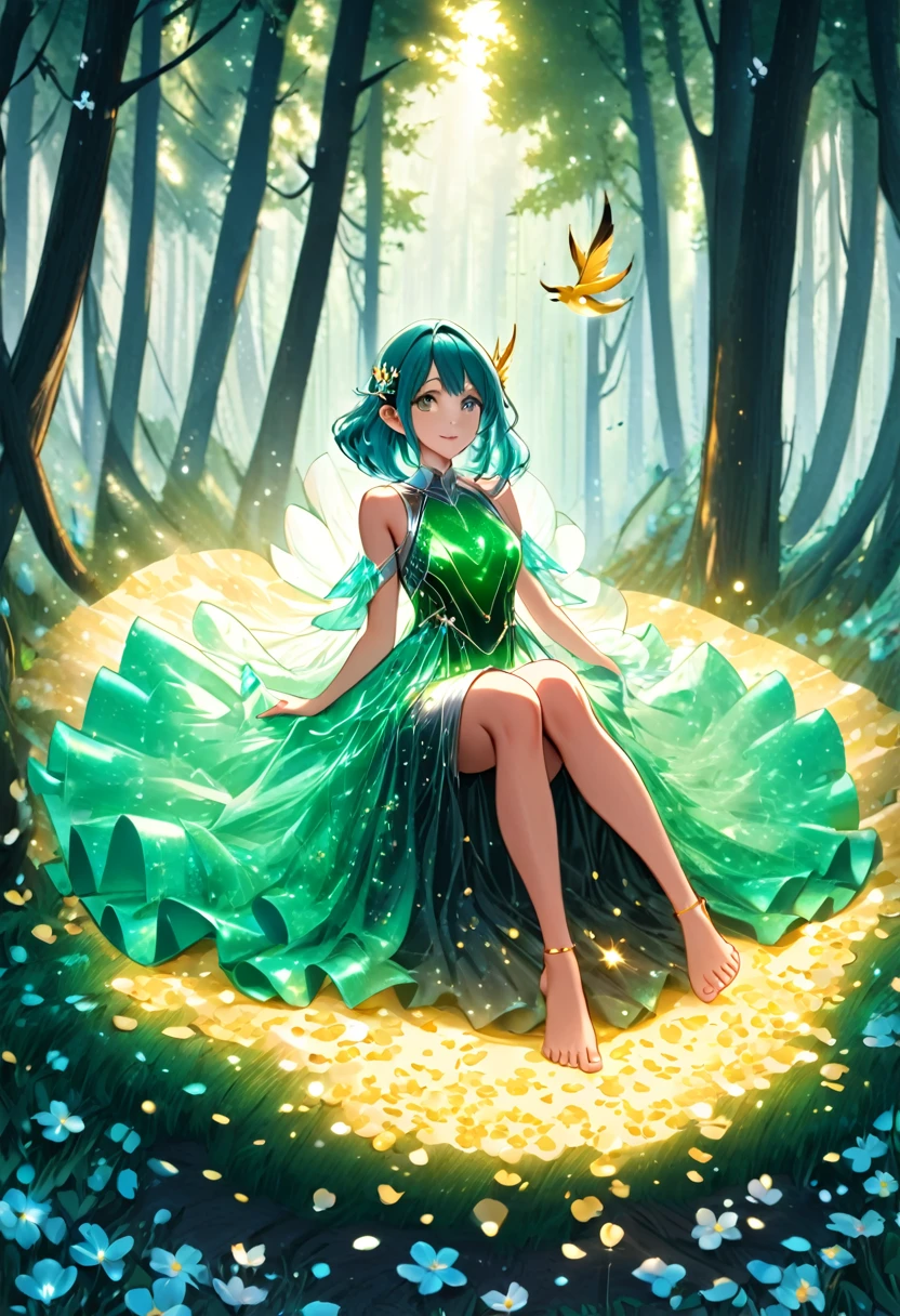 a girl, an elf, emerald hair with white strands, golden eyes, a sparkling silver dress made of petals, barefoot, sitting among the trees, with her arm raised, on which a golden bird is sitting, dragonflies